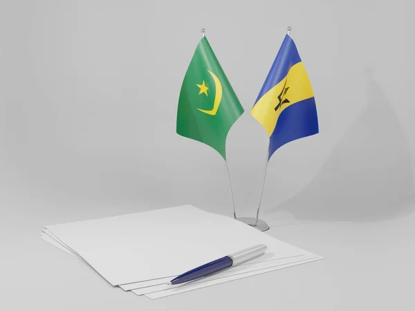 Barbados Banderas Del Acuerdo Mauritania Fondo Blanco Render —  Fotos de Stock