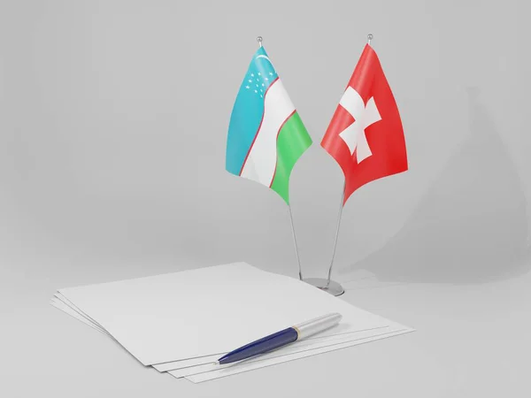 Zwitserland Oezbekistan Overeenkomst Vlaggen Witte Achtergrond Render — Stockfoto
