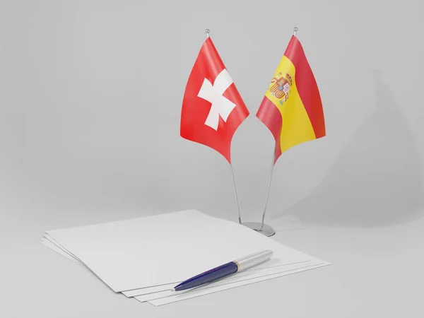 España Banderas Del Acuerdo Suiza Fondo Blanco Render —  Fotos de Stock