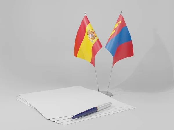 Mongolia Bandiere Dell Accordo Spagna Sfondo Bianco Render — Foto Stock