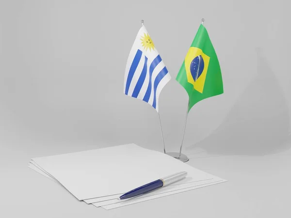 Drapeaux Accord Brésil Uruguay Fond Blanc Render — Photo