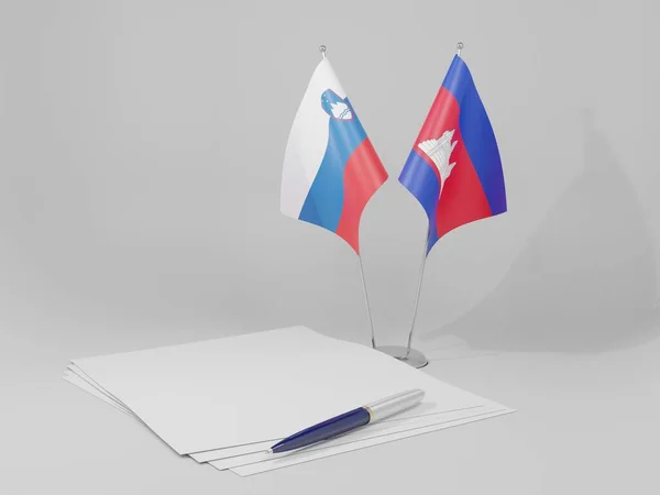 Καμπότζη Σλοβενία Σημαίες Συμφωνία Λευκό Φόντο Render — Φωτογραφία Αρχείου