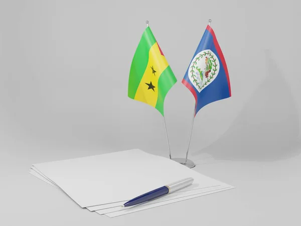 Belize Bandeiras Acordo São Tomé Príncipe Fundo Branco Render — Fotografia de Stock