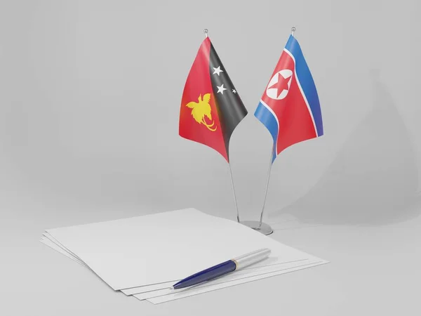Βόρεια Κορέα Παπούα Νέα Γουινέα Συμφωνία Σημαίες Λευκό Φόντο Render — Φωτογραφία Αρχείου