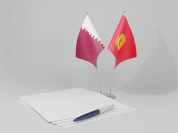 Kirgistan Flagi Umowy Katarskiej Białe Tło Render — Zdjęcie stockowe