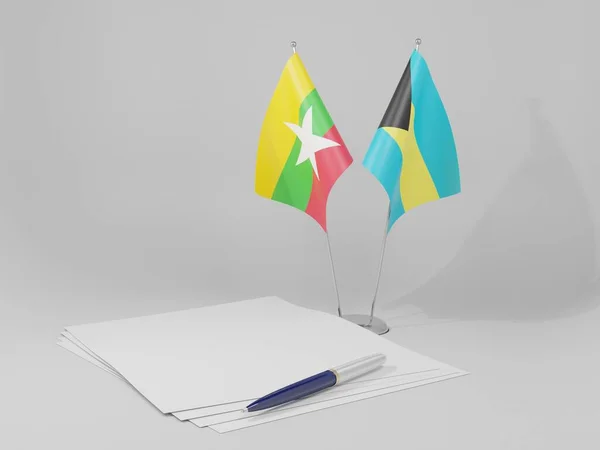 Bahamas Bandiere Dell Accordo Myanmar Sfondo Bianco Render — Foto Stock