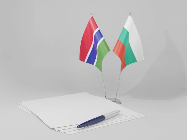 Bulgaria Banderas Del Acuerdo Gambia Fondo Blanco Render —  Fotos de Stock