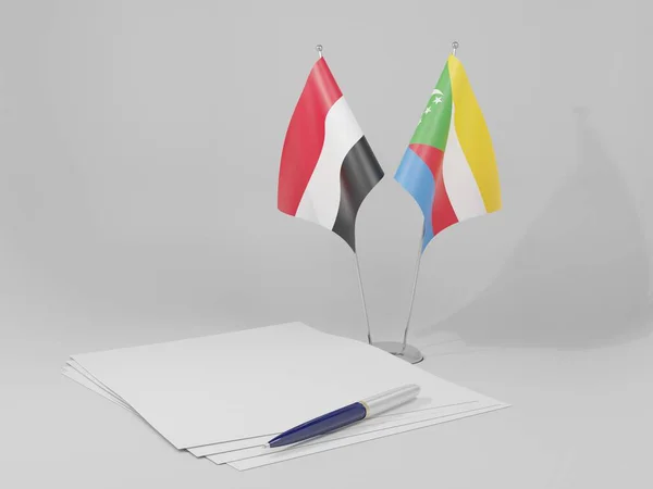 Comores Bandeiras Acordo Iêmen Fundo Branco Render — Fotografia de Stock