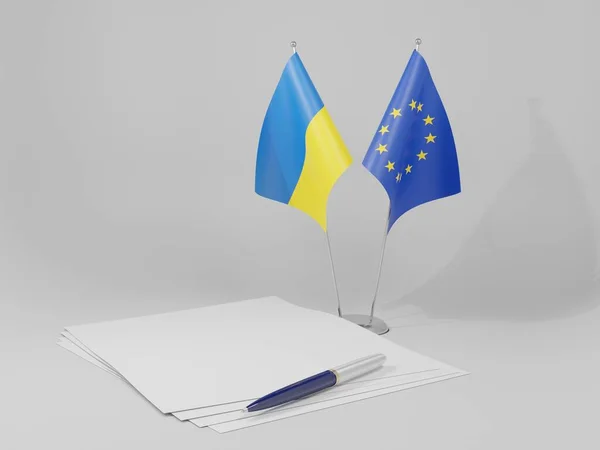 Banderas Del Acuerdo Entre Unión Europea Ucrania Fondo Blanco Render Imagen de stock