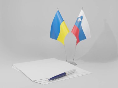 Slovenya - Ukrayna Anlaşması Bayrakları, Beyaz Arkaplan - 3D Hazırlama