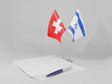 İsrail - İsviçre Anlaşması Bayrakları, Beyaz Arkaplan - 3D Hazırlama