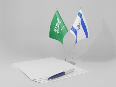 İsrail - Suudi Arabistan Anlaşması Bayrakları, Beyaz Arkaplan - 3D Render