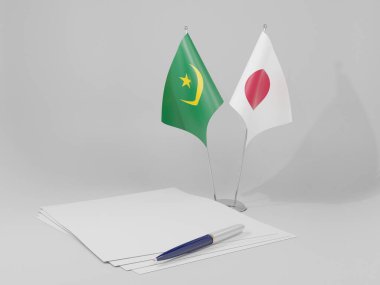 Japonya - Moritanya Anlaşması Bayrakları, Beyaz Arkaplan - 3D Render