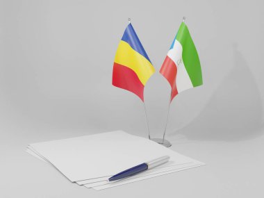 Ekvator Ginesi - Romanya Anlaşması Bayrakları, Beyaz Arkaplan - 3D Hazırlama