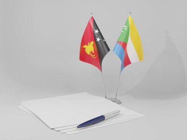 Komoros - Papua Yeni Gine Anlaşması Bayrakları, Beyaz Arkaplan - 3D Render