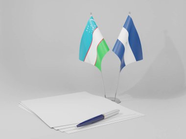 Nikaragua - Özbekistan Anlaşması Bayrakları, Beyaz Arkaplan - 3D Render