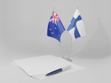 Finlandiya - Yeni Zelanda Anlaşması Bayrakları, Beyaz Arkaplan - 3D Render