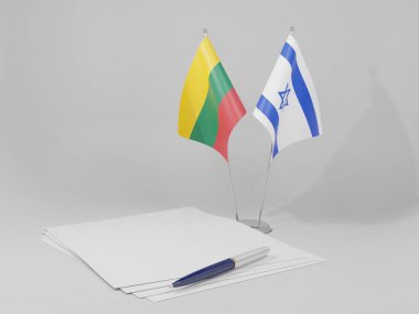 İsrail - Litvanya Anlaşması Bayrakları, Beyaz Arkaplan - 3D Render