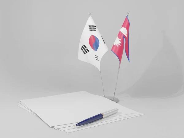 Nepal Coreia Sul Bandeiras Acordo Fundo Branco Render — Fotografia de Stock
