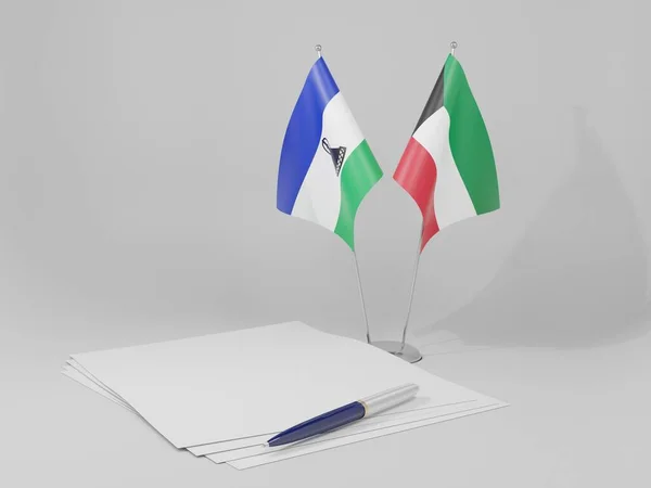 Kuwait Bandeiras Acordo Lesoto Fundo Branco Render — Fotografia de Stock