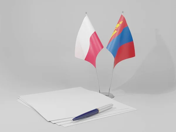 Mongolia Poland Agreement Flags White Background Render — Stock Photo, Image