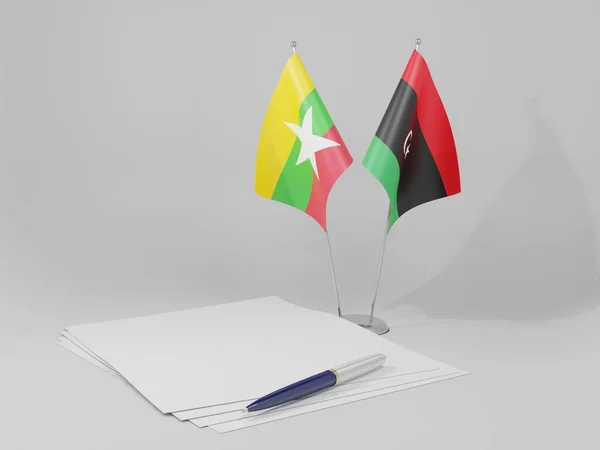 Libia Banderas Del Acuerdo Myanmar Fondo Blanco Render — Foto de Stock