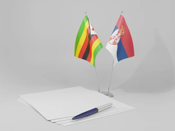 Serbia Zimbabwe Agreement Flags White Background Render — стокове фото
