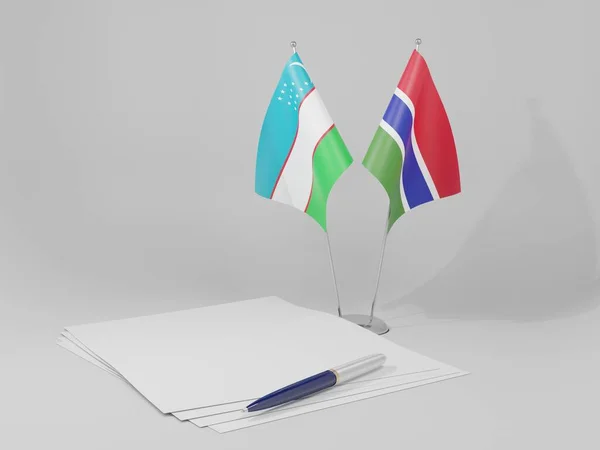 Gambia Flagi Umowy Uzbekistanem Białe Tło Render — Zdjęcie stockowe