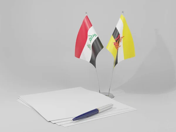 Brunei Bandeiras Acordo Com Iraque Fundo Branco Render — Fotografia de Stock