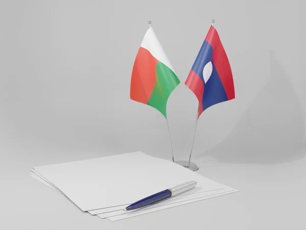 Laos Bandiere Dell Accordo Madagascar Sfondo Bianco Render — Foto Stock