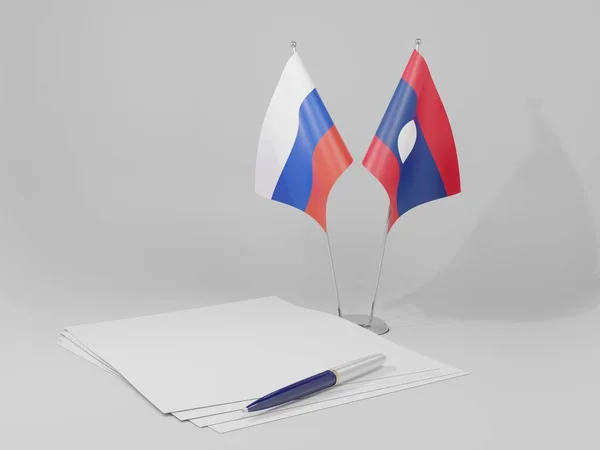 Laos Banderas Del Acuerdo Rusia Fondo Blanco Render — Foto de Stock