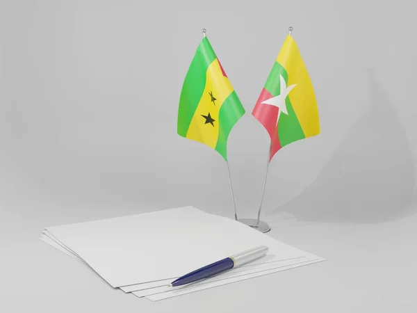 Myanmar Sao Tomé Principe Overeenkomst Vlaggen Witte Achtergrond Render — Stockfoto