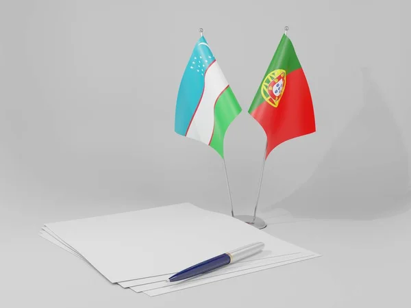 Portogallo Bandiere Dell Accordo Uzbekistan Sfondo Bianco Render — Foto Stock