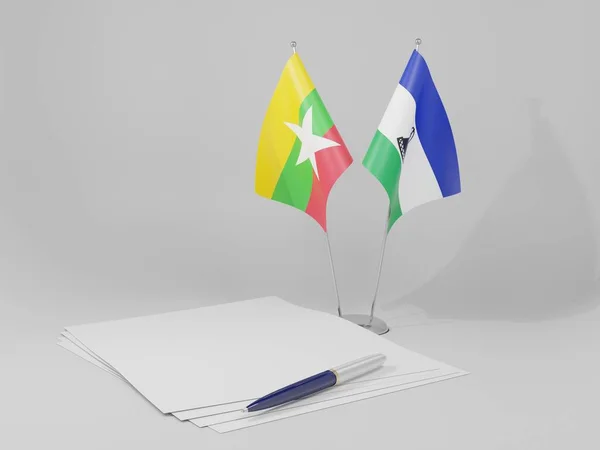 Lesoto Bandeiras Acordo Mianmar Fundo Branco Render — Fotografia de Stock