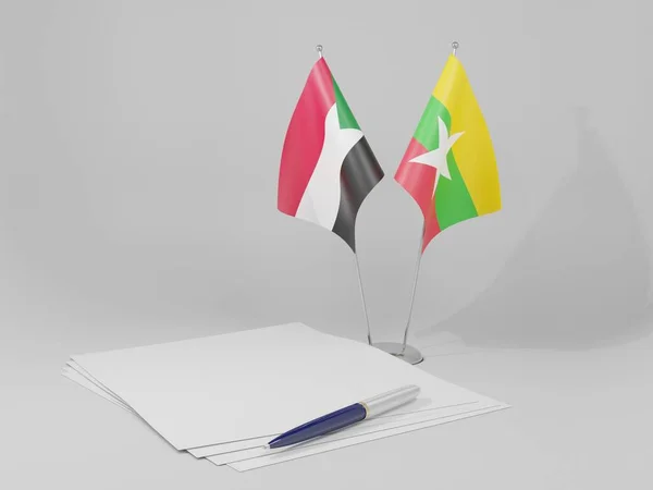 Μιανμάρ Σουδάν Συμφωνία Σημαίες Λευκό Φόντο Render — Φωτογραφία Αρχείου