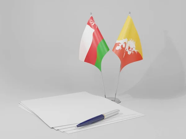 Bhutan Oman Abkommen Flaggen Weißer Hintergrund Render — Stockfoto