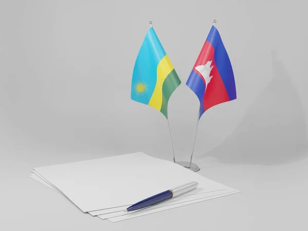 Cambodja Rwanda Overeenkomst Vlaggen Witte Achtergrond Render — Stockfoto