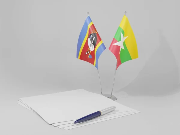 Myanmar Banderas Del Acuerdo Swazilandia Fondo Blanco Render — Foto de Stock