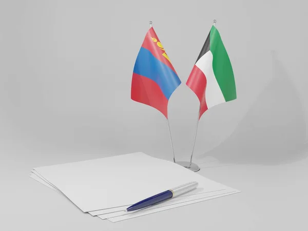 Kuwait Banderas Del Acuerdo Mongolia Fondo Blanco Render —  Fotos de Stock