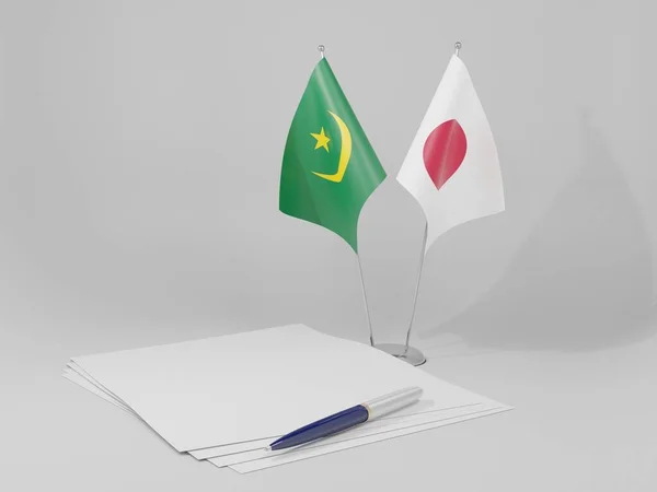 Japonya - Moritanya Anlaşması Bayrakları, Beyaz Arkaplan - 3D Render