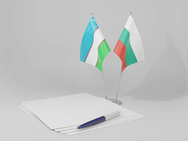Bułgaria Flagi Umowy Uzbekistanem Białe Tło Render — Zdjęcie stockowe