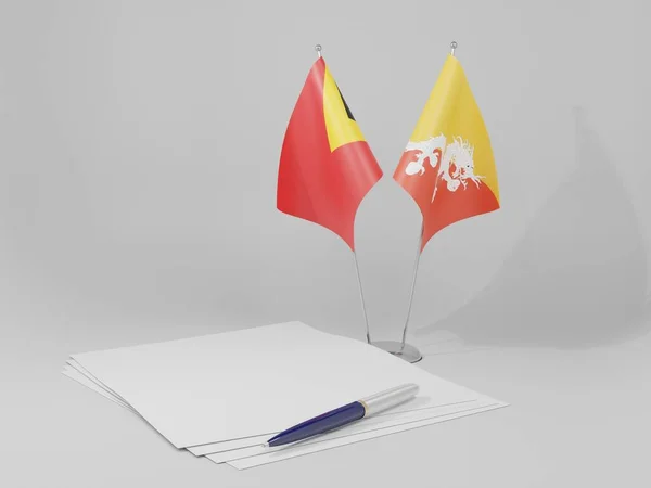 Butão Timor Leste Bandeiras Acordo Fundo Branco Render — Fotografia de Stock
