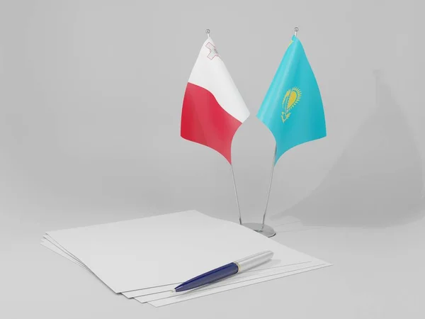 Kazakistan - Malta Anlaşması Bayrakları, Beyaz Arkaplan - 3D Render