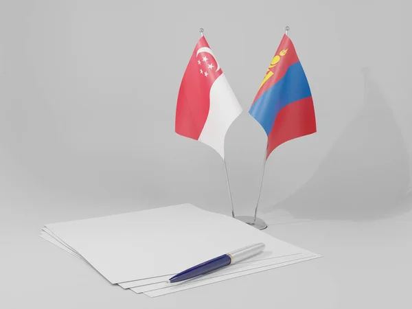 Mongolia Banderas Del Acuerdo Singapur Fondo Blanco Render —  Fotos de Stock
