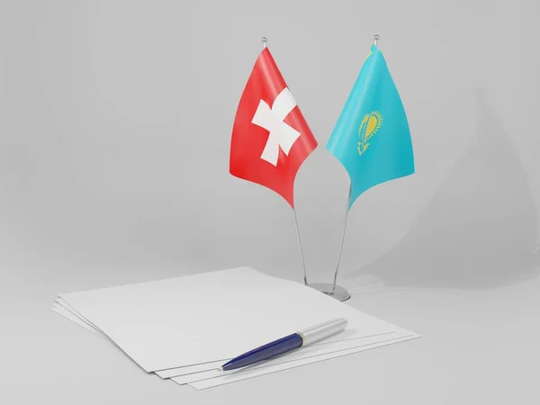 Kazakistan Sviçre Anlaşması Bayrakları Beyaz Arkaplan Render — Stok fotoğraf
