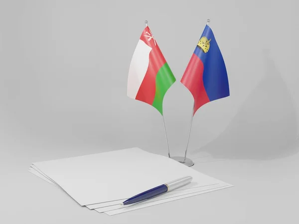 Liechtenstein Oman Agreement Flags White Background Render — стокове фото