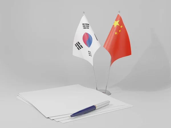 China Coreia Sul Bandeiras Acordo Fundo Branco Render — Fotografia de Stock