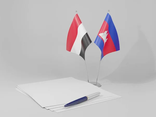 Cambodge Drapeaux Accord Yémen Fond Blanc Render — Photo