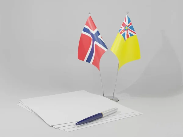 Niue Noruega Bandeiras Acordo Fundo Branco Render — Fotografia de Stock