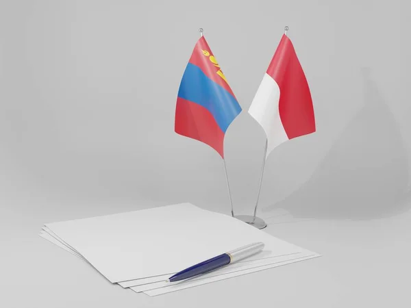 Indonesia Banderas Del Acuerdo Mongolia Fondo Blanco Render —  Fotos de Stock